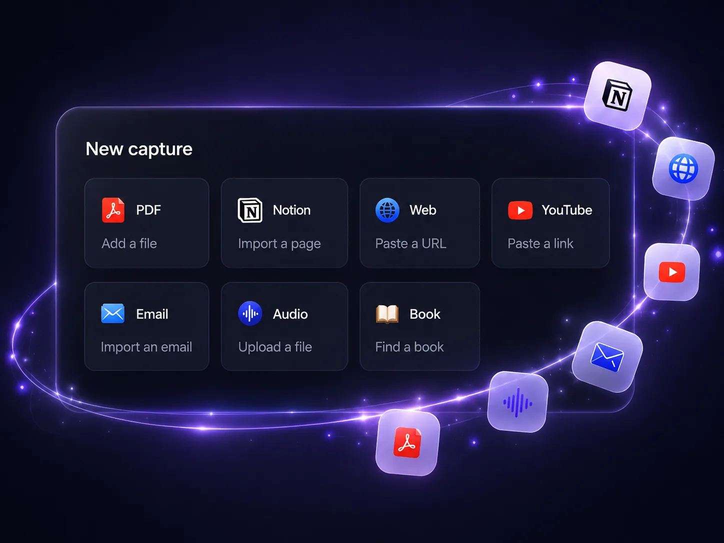 Mockup Capture — fenêtre New capture avec 7 sources et icônes flottantes