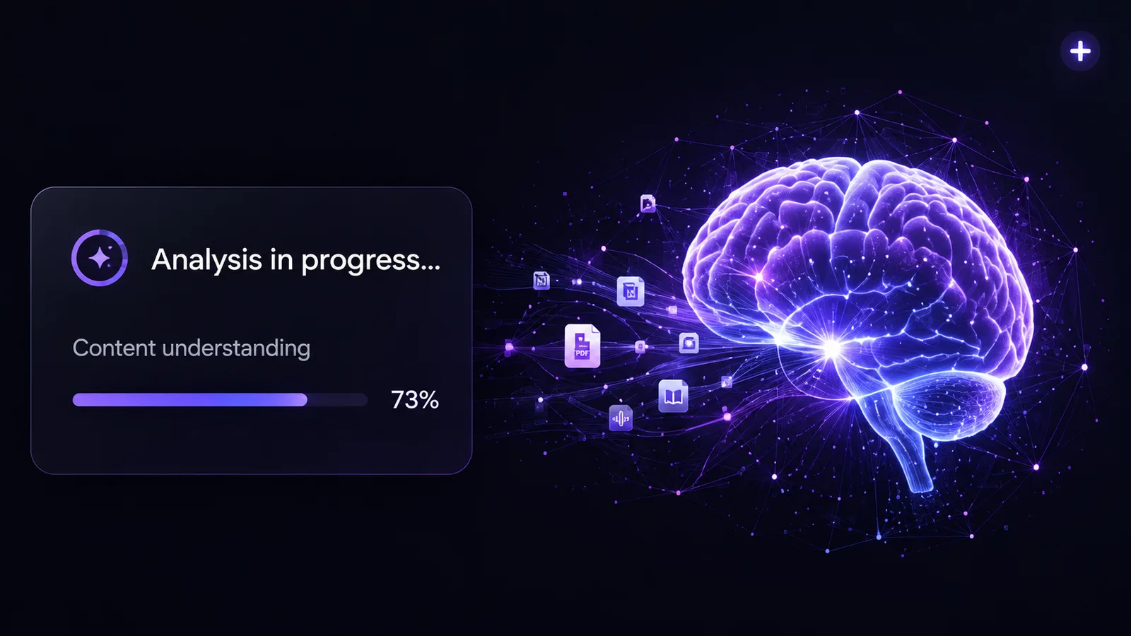 Mockup digestion — Analysis in progress 73% à côté d'un cerveau lumineux